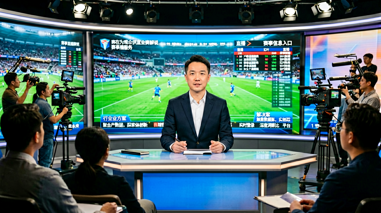 体育直播演播室，解说员正在为观众提供专业赛事解说